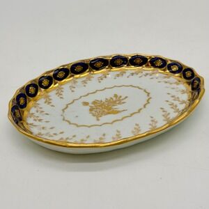 Antique Cobalt Blue Gold Gilt Porcelain Oval Trinket Dish Floral Scalloped Rim